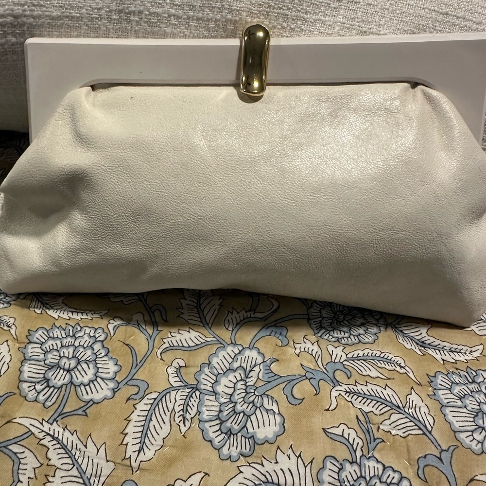 Vintage white leather with wood trim and gold clasps